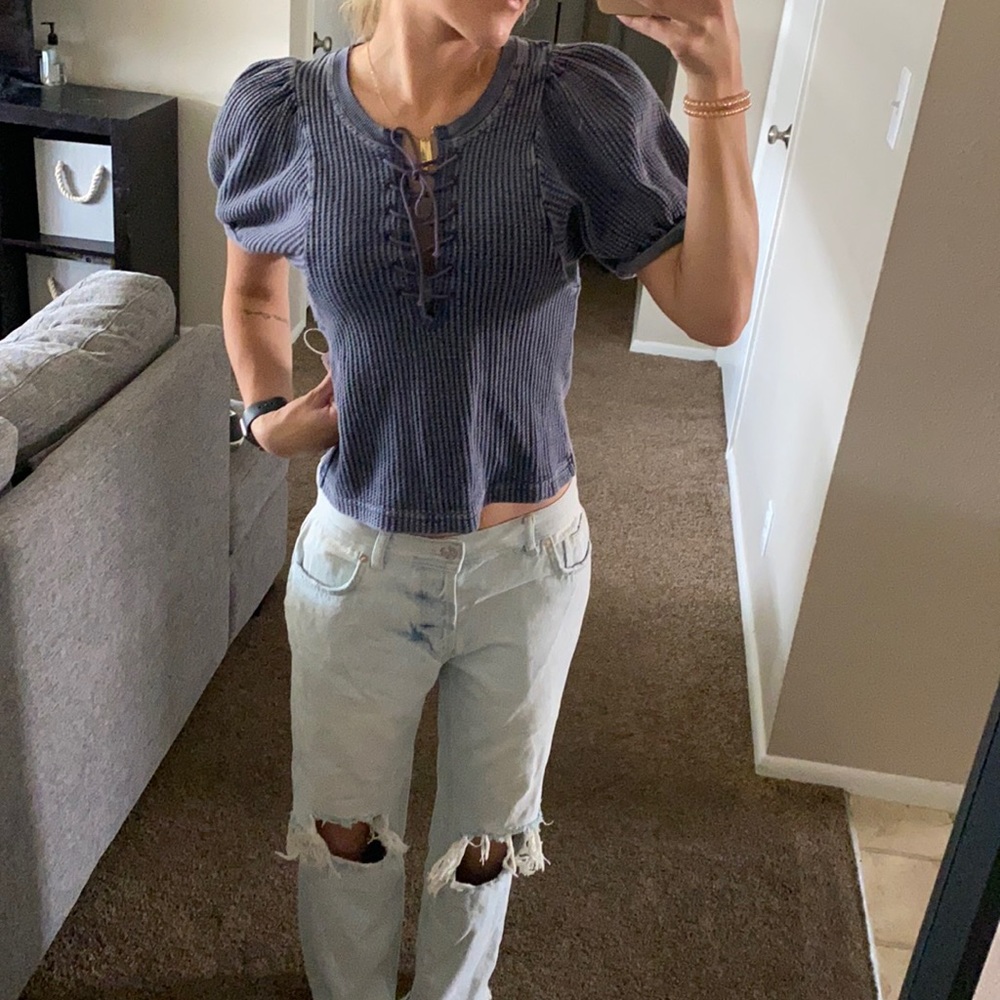 Free People balloon sleeve lace up top